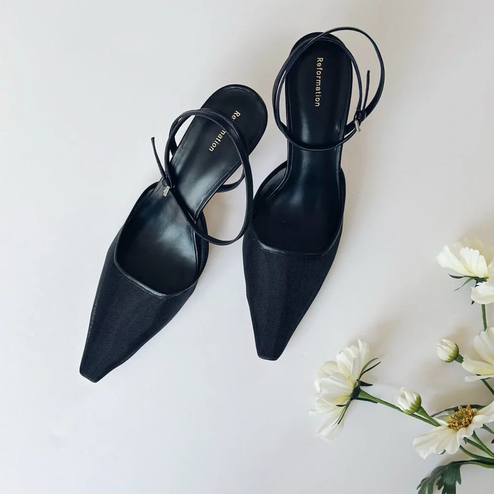 Reformation Natasha Ankle Strap Mesh Pump Heel Shoe Black - Picture 3 of 8